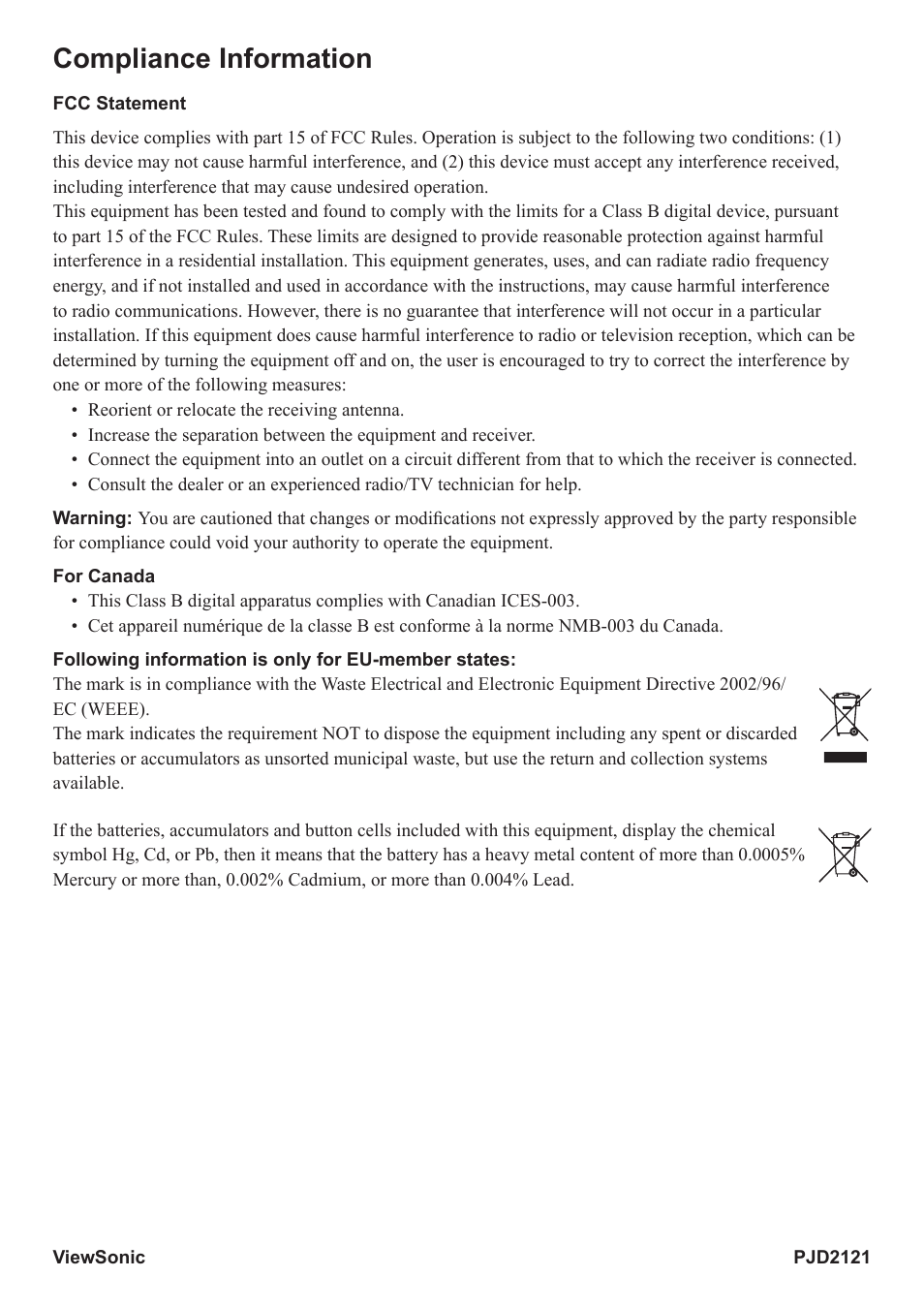 Compliance information | VIEWSONIC PJD2121 VS12617 User Manual | Page 2 / 36