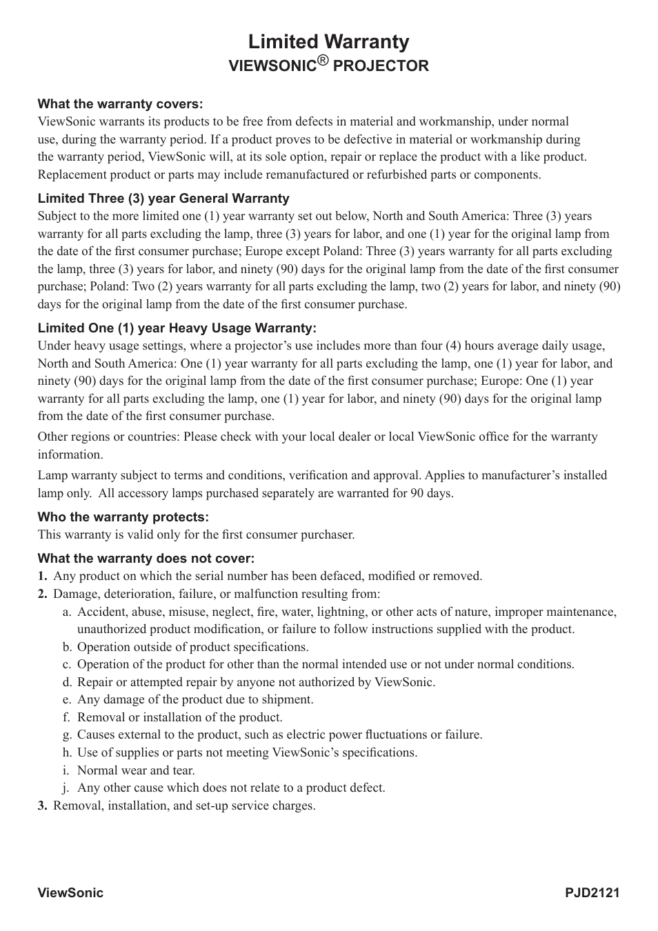 Limited warranty | VIEWSONIC PJD2121 VS12617 User Manual | Page 32 / 36