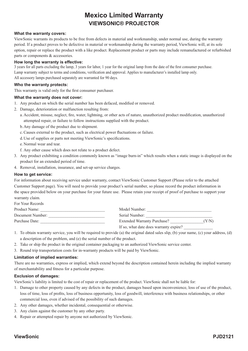 Mexico limited warranty, Viewsonic® projector | VIEWSONIC PJD2121 VS12617 User Manual | Page 34 / 36