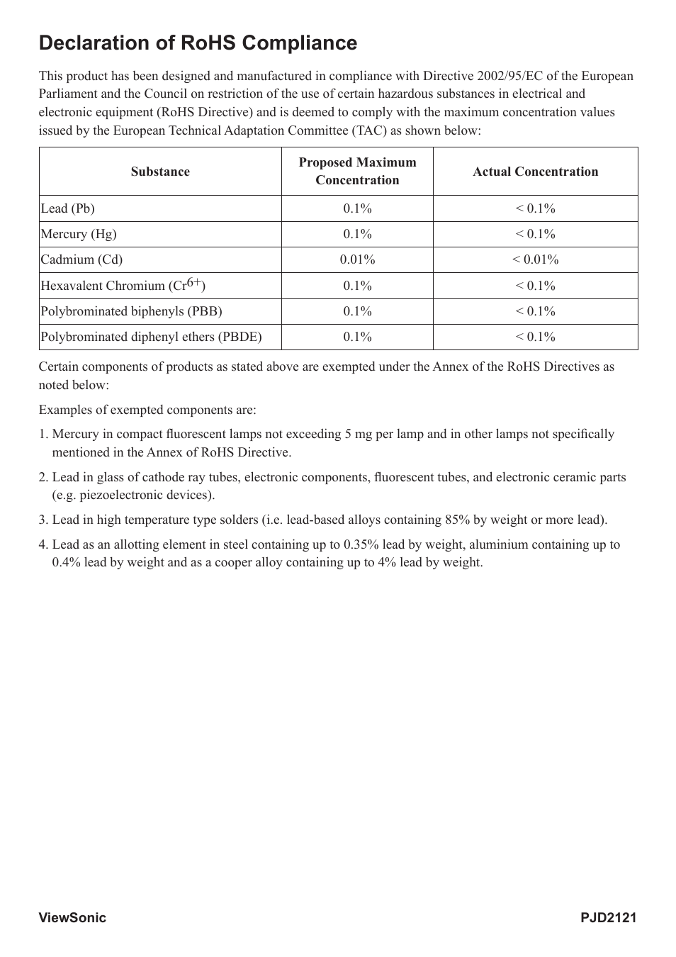Declaration of rohs compliance | VIEWSONIC PJD2121 VS12617 User Manual | Page 4 / 36