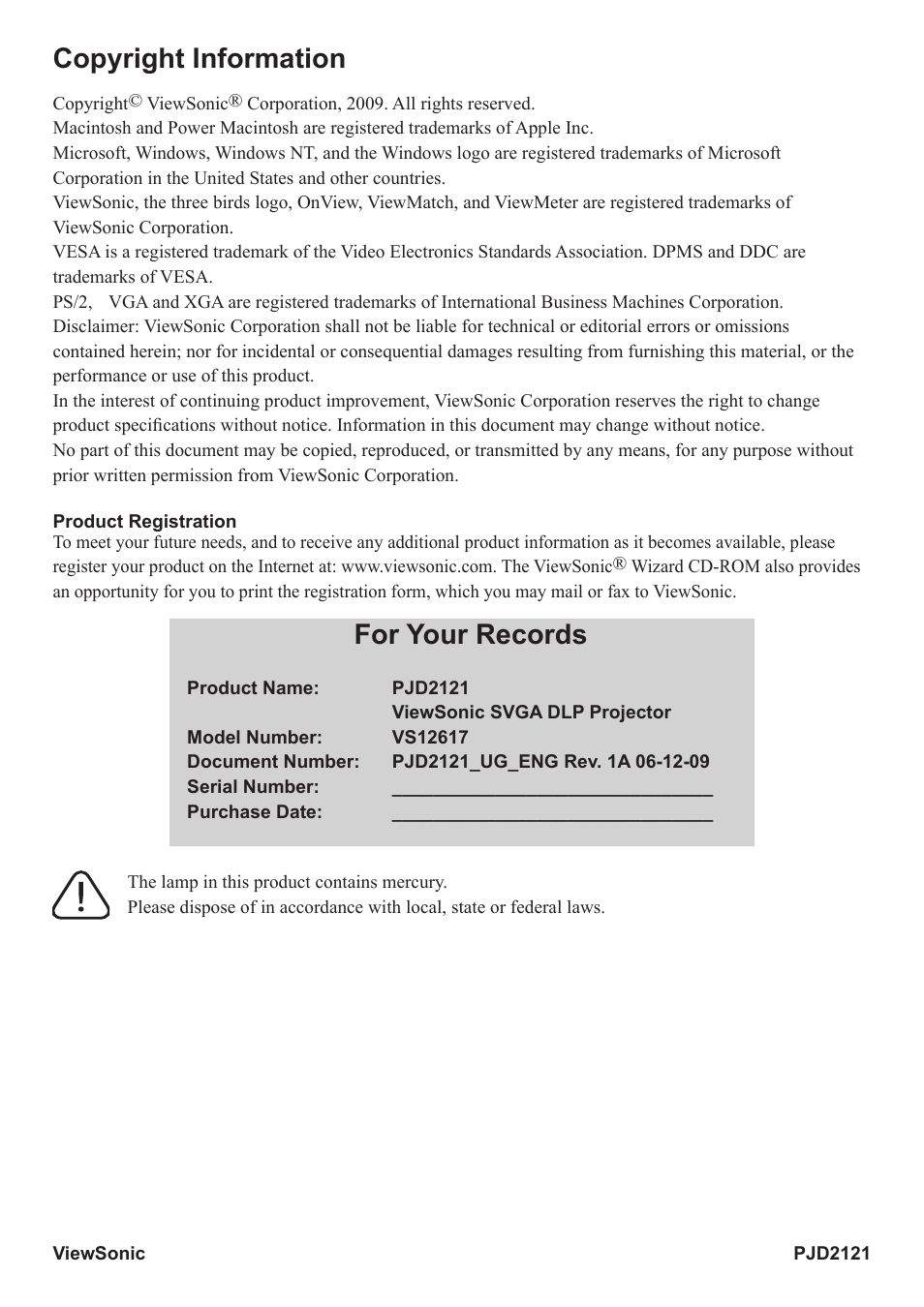 Copyright information, For your records | VIEWSONIC PJD2121 VS12617 User Manual | Page 5 / 36