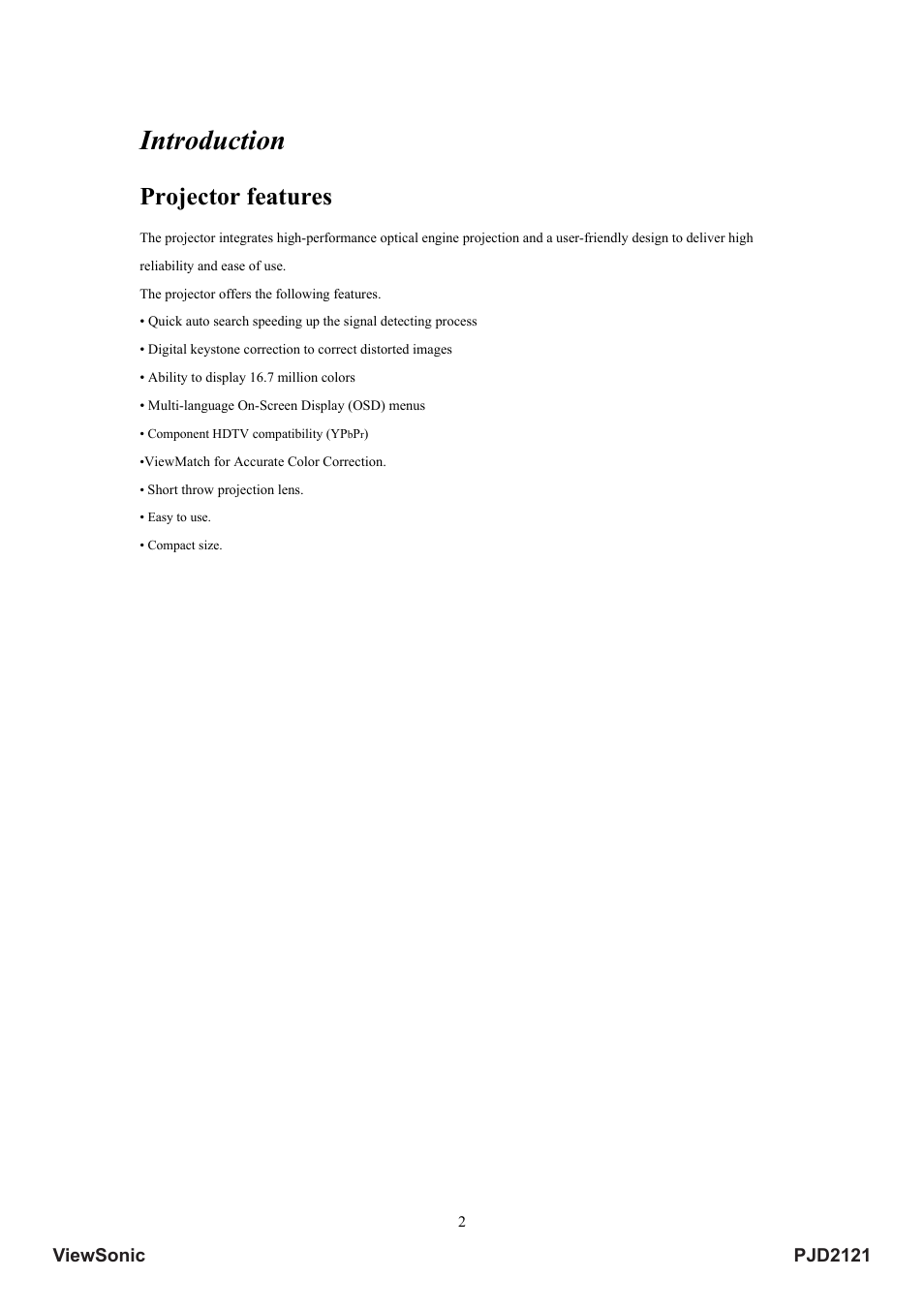 Introduction, Projector features, Pjd2121 viewsonic | VIEWSONIC PJD2121 VS12617 User Manual | Page 7 / 36