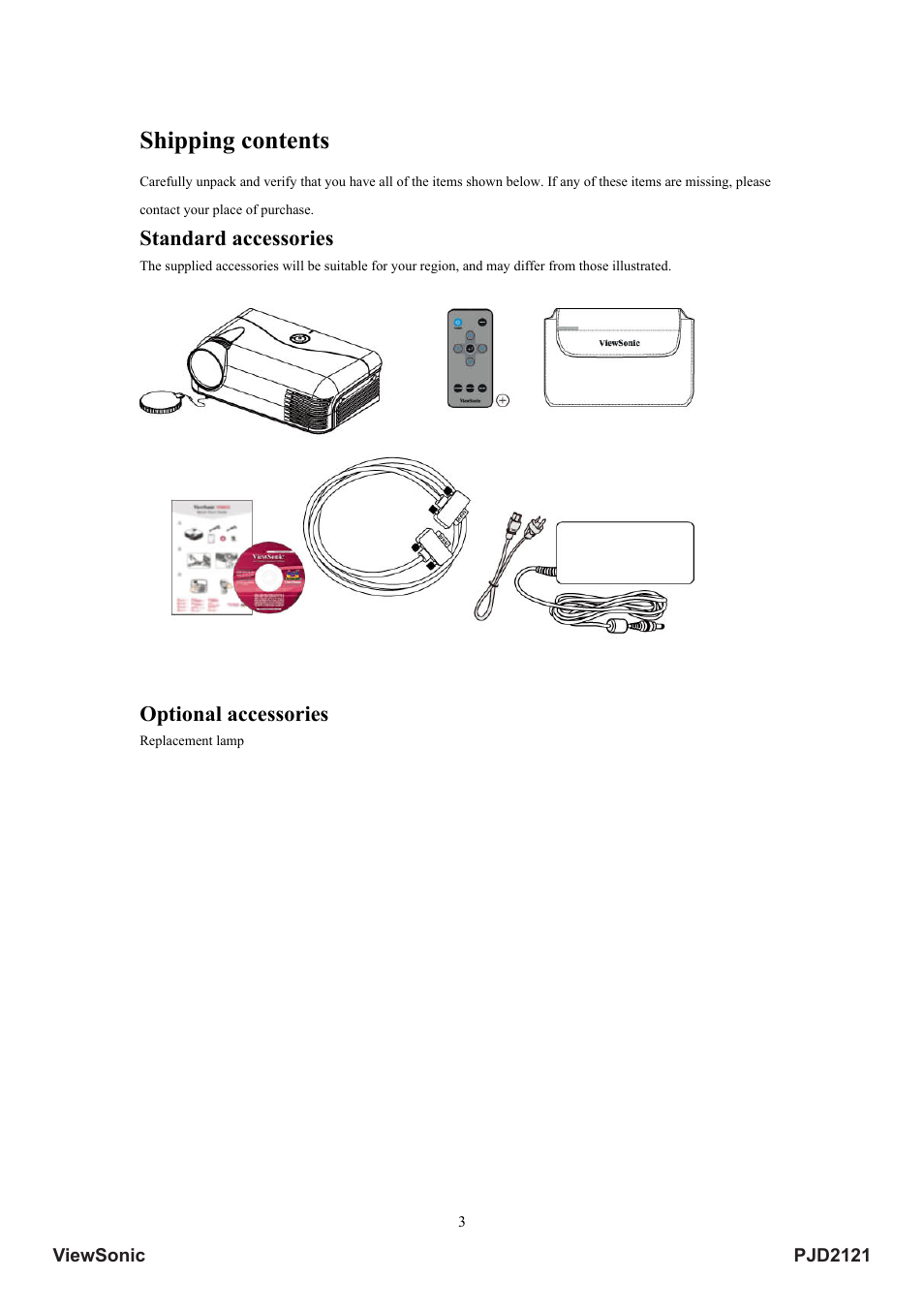 Shipping contents, Standard accessories, Optional accessories | Pjd2121 viewsonic | VIEWSONIC PJD2121 VS12617 User Manual | Page 8 / 36
