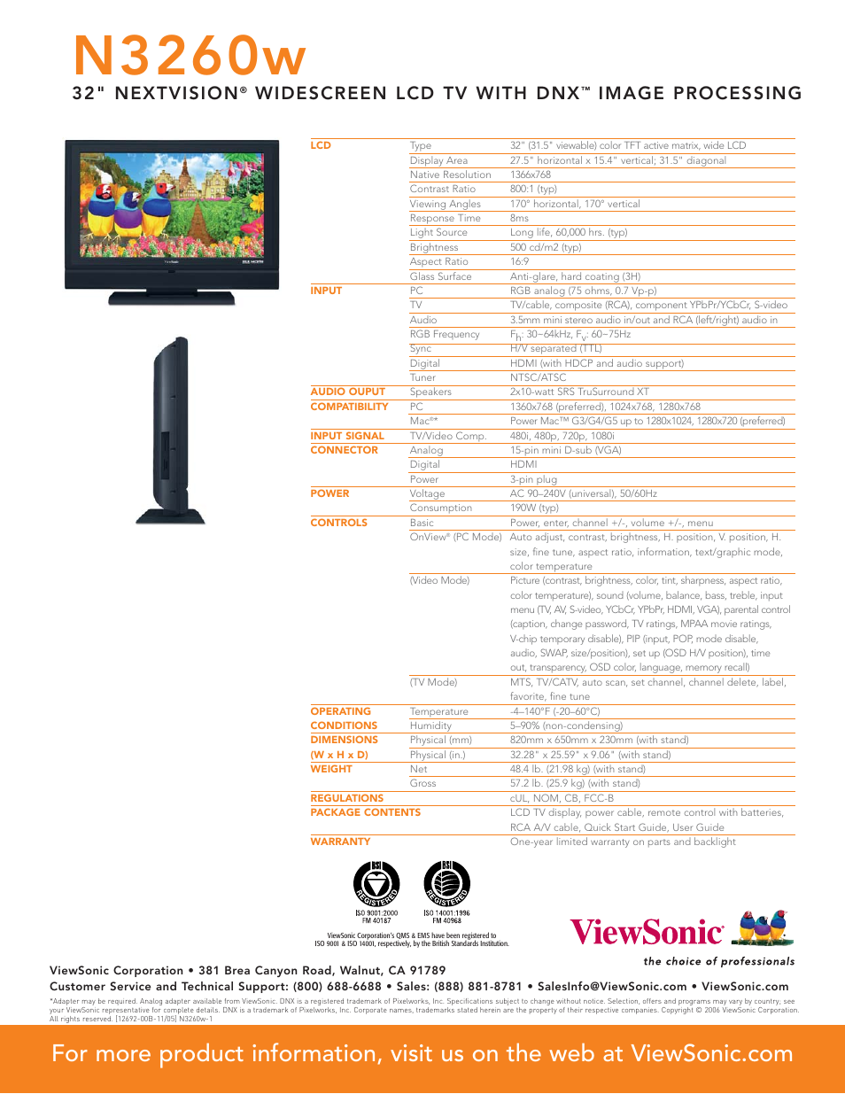 N3260w, 32" nextvision, Widescreen lcd tv with dnx | Image processing | VIEWSONIC N3260w User Manual | Page 2 / 2