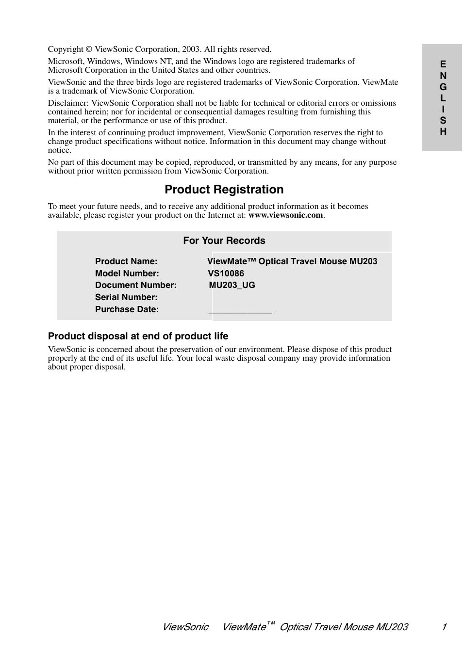 Product registration | VIEWSONIC ViewMate MU203 User Manual | Page 2 / 9