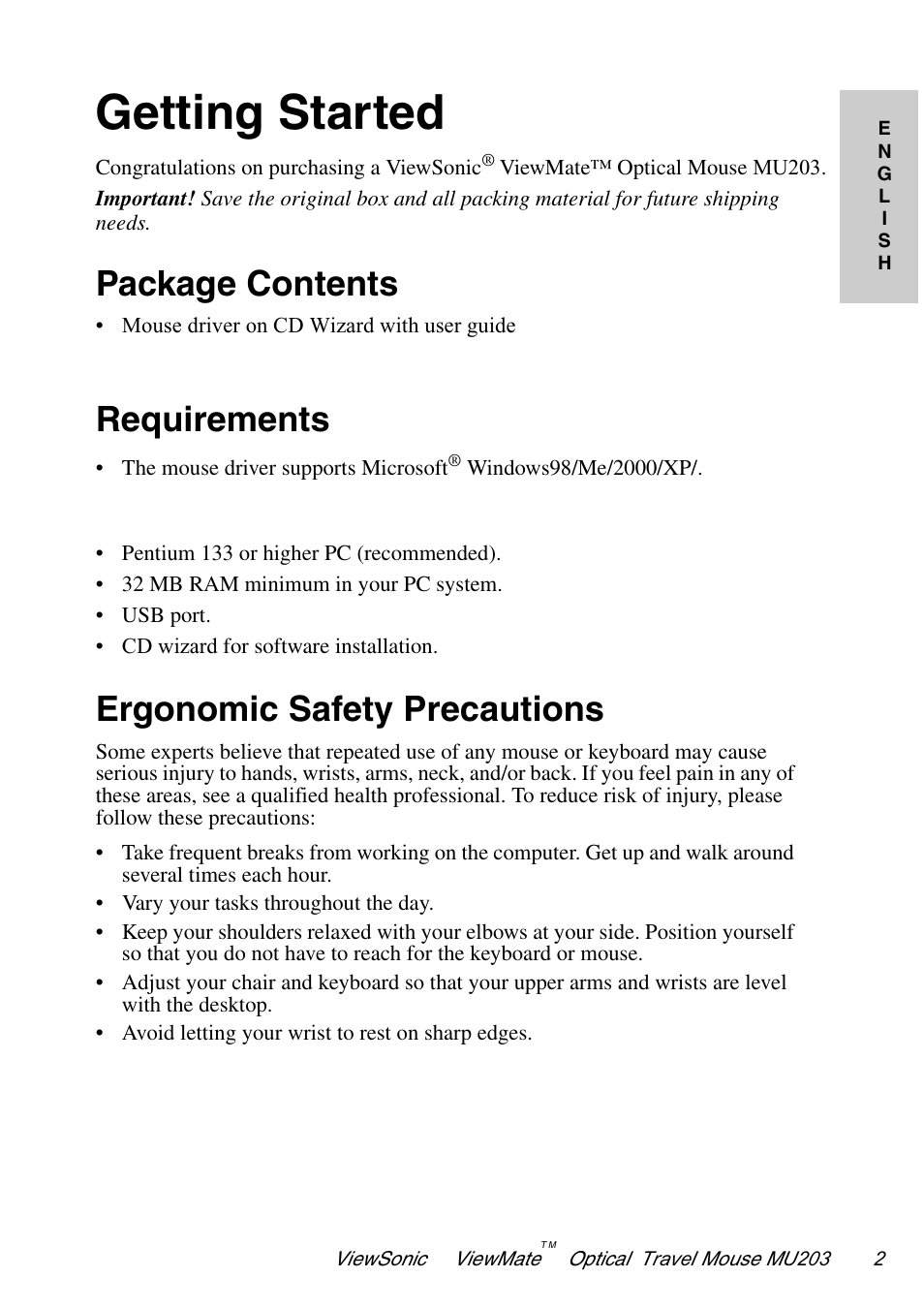 Getting started, Package contents, Requirements | Ergonomic safety precautions | VIEWSONIC ViewMate MU203 User Manual | Page 3 / 9