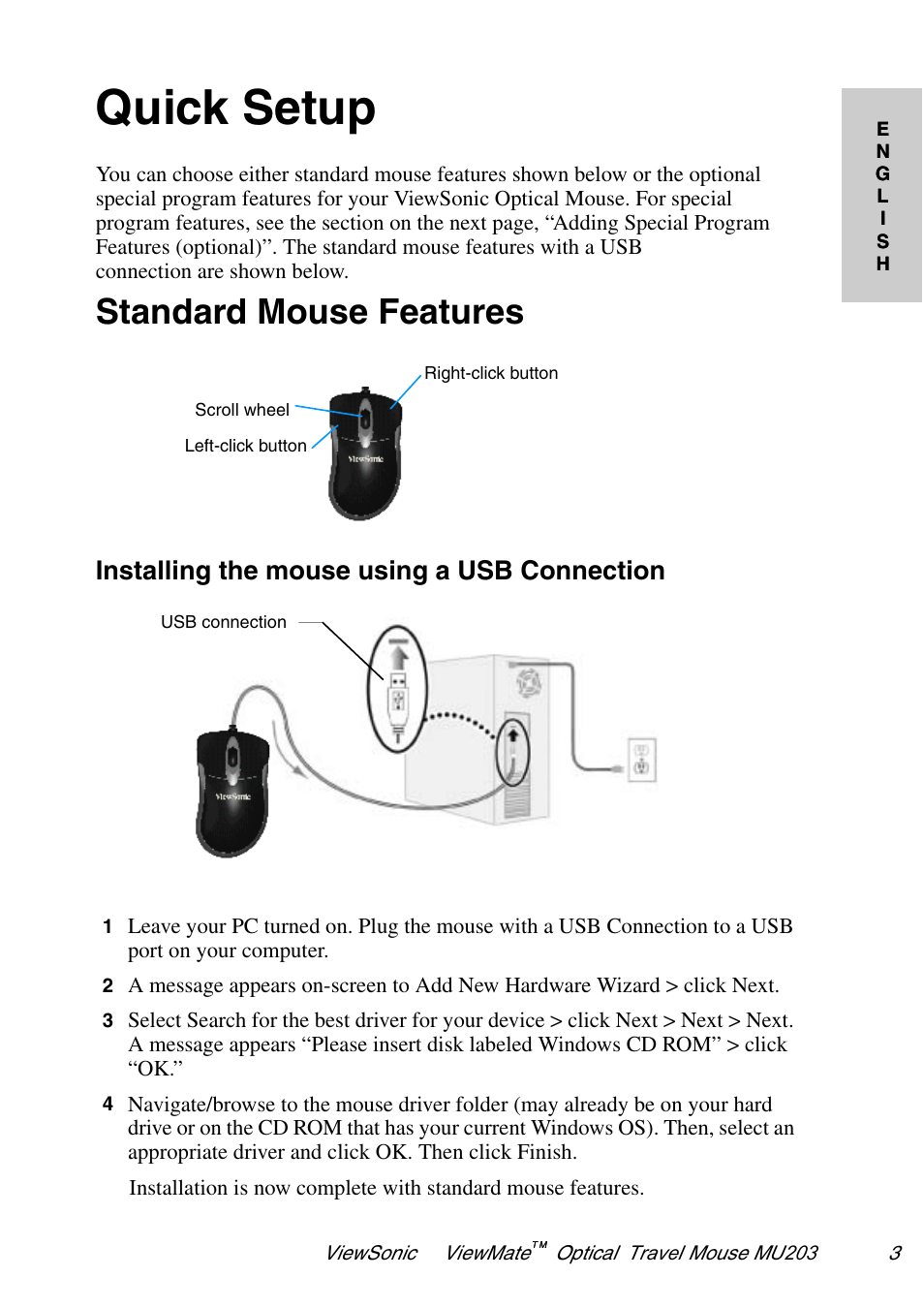 Quick setup, Standard mouse features, Installing the mouse using a usb connection | VIEWSONIC ViewMate MU203 User Manual | Page 4 / 9