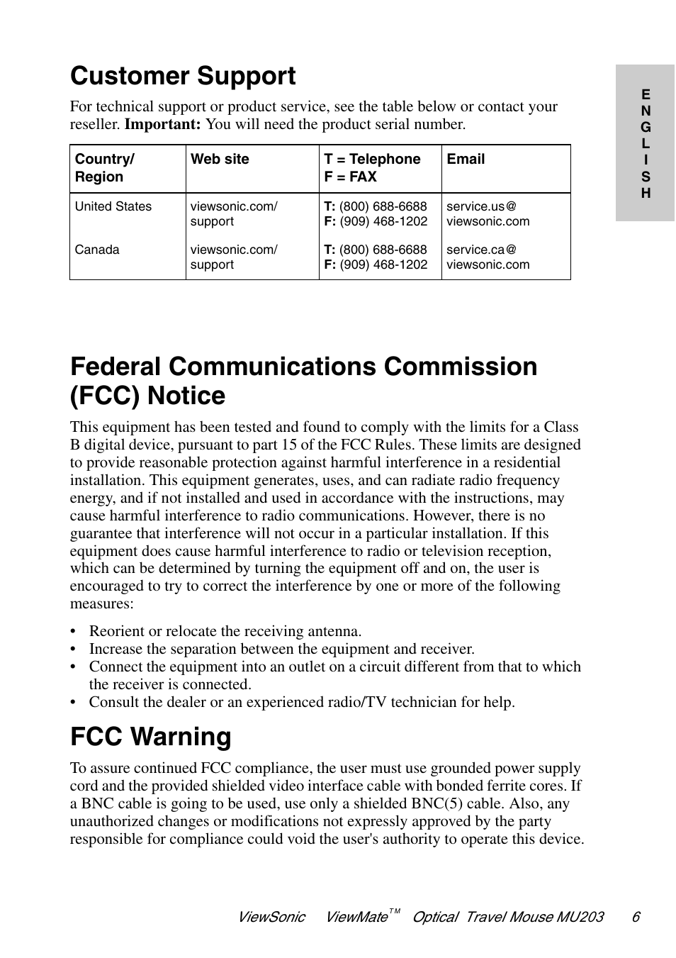 Customer support, Federal communications commission (fcc) notice, Fcc warning | VIEWSONIC ViewMate MU203 User Manual | Page 7 / 9