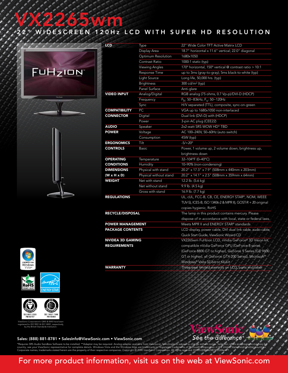 Vx2265wm | VIEWSONIC FuHzion VX2265wm User Manual | Page 2 / 2