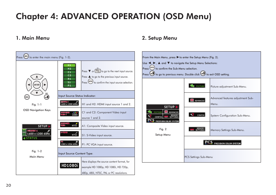Chapter 4: advanced operation (osd menu), Main menu, Setup menu | Hd1080i, Setup | VIEWSONIC Precision VS11856 User Manual | Page 24 / 60