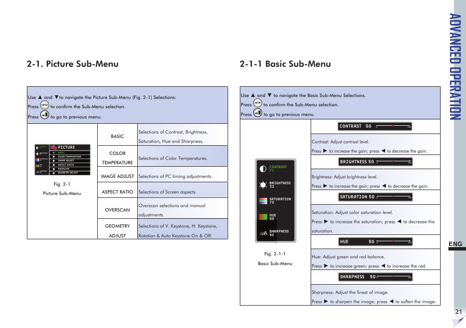 Advanced operation, 1. picture sub-menu, 1-1 basic sub-menu | VIEWSONIC Precision VS11856 User Manual | Page 25 / 60