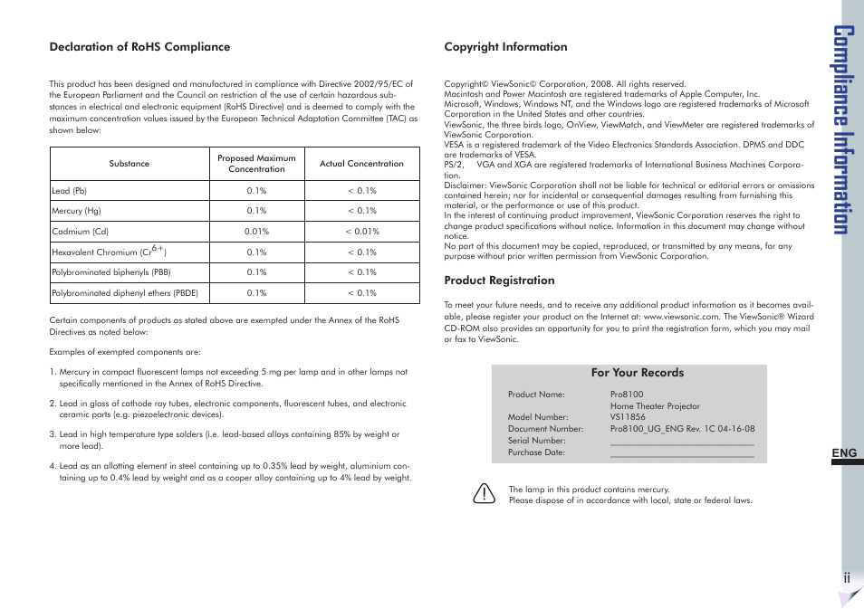 Compliance information | VIEWSONIC Precision VS11856 User Manual | Page 3 / 60