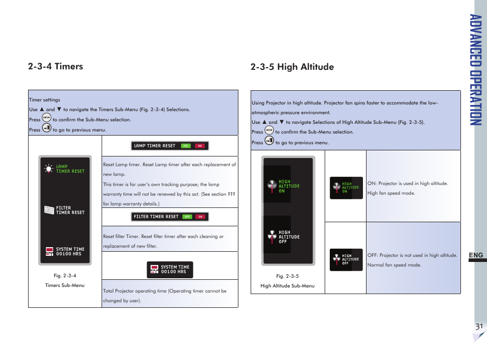 Advanced operation, 3-4 timers, 3-5 high altitude | VIEWSONIC Precision VS11856 User Manual | Page 35 / 60