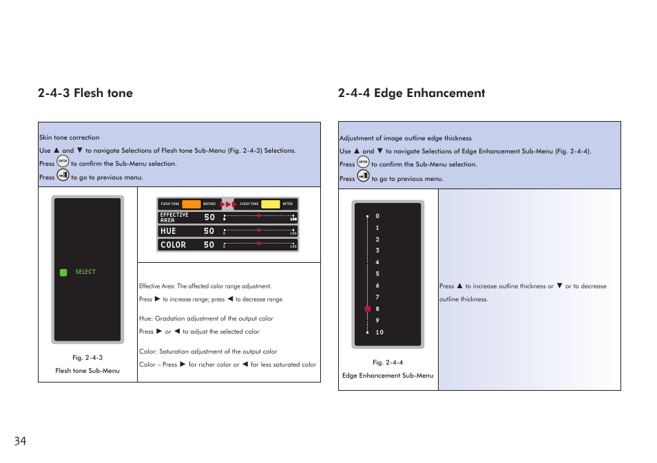 4-3 flesh tone, 4-4 edge enhancement, Color 50 | Hue 50 | VIEWSONIC Precision VS11856 User Manual | Page 38 / 60
