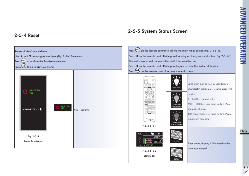 Advanced operation, 5-4 reset, 5-5 system status screen | Auto good | VIEWSONIC Precision VS11856 User Manual | Page 43 / 60