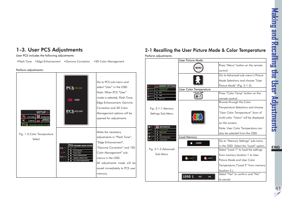 Making and recalling the user adjustments, 3. user pcs adjustments, Load 1 | VIEWSONIC Precision VS11856 User Manual | Page 47 / 60