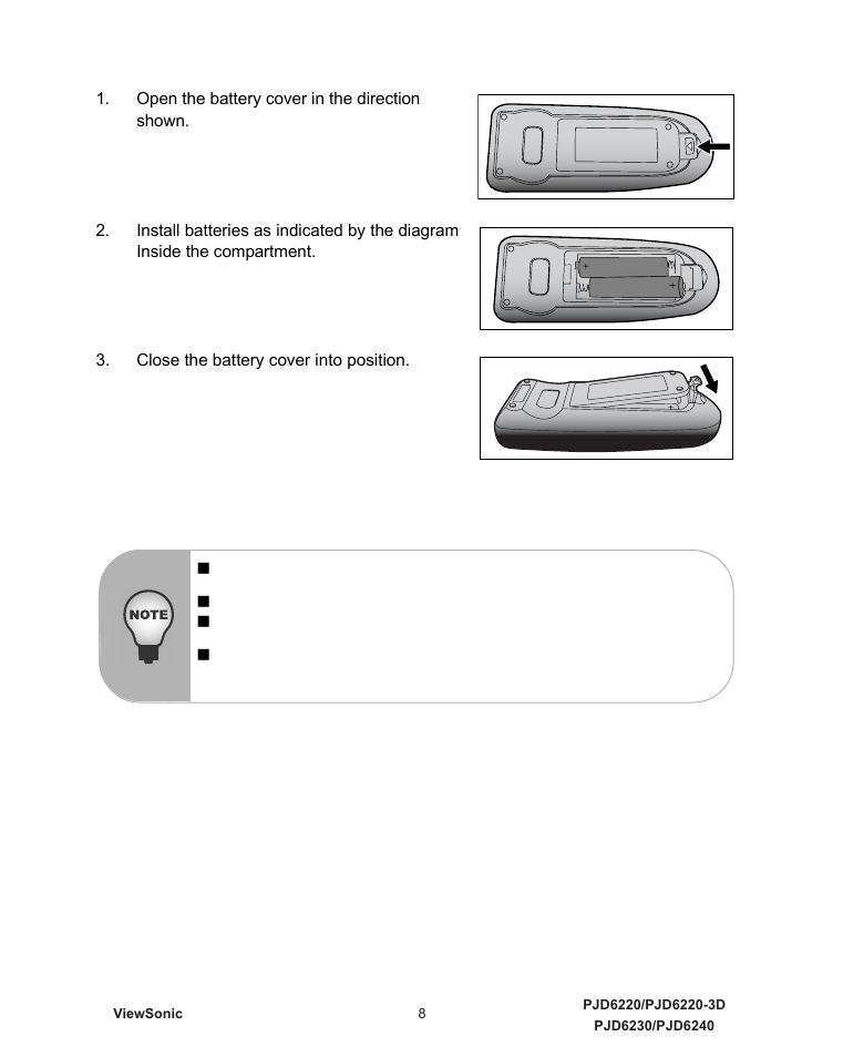 Installing the batteries, Open the battery cover in the direction shown, Close the battery cover into position | VIEWSONIC VS11986 User Manual | Page 15 / 55