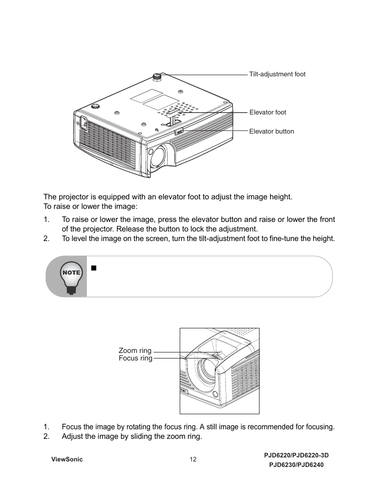 Adjusting the projector, Adjusting the projector height, Adjusting the projector zoom and focus | Adjust the image by sliding the zoom ring | VIEWSONIC VS11986 User Manual | Page 19 / 55