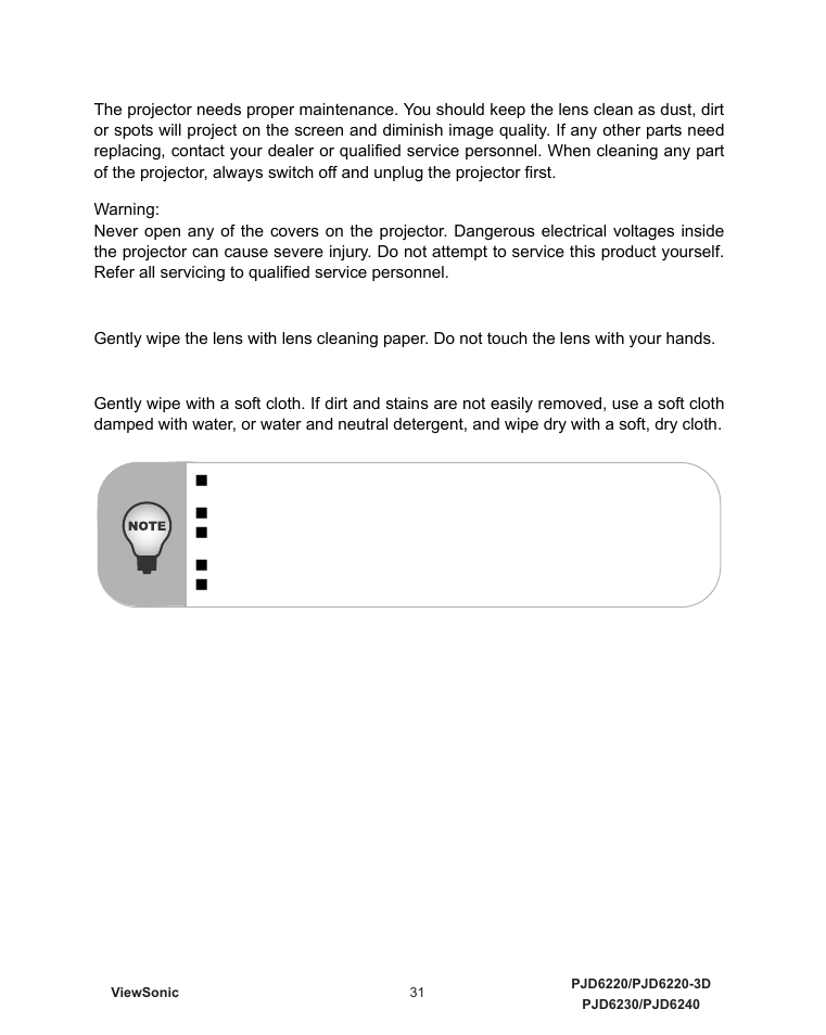 Maintenance, Cleaning the lens, Cleaning the projector housing | VIEWSONIC VS11986 User Manual | Page 38 / 55