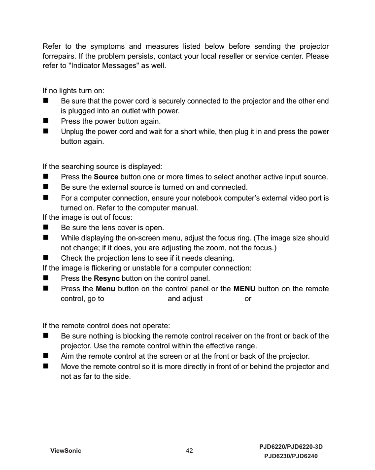Troubleshooting, Start-up problems, Image problems | VIEWSONIC VS11986 User Manual | Page 49 / 55