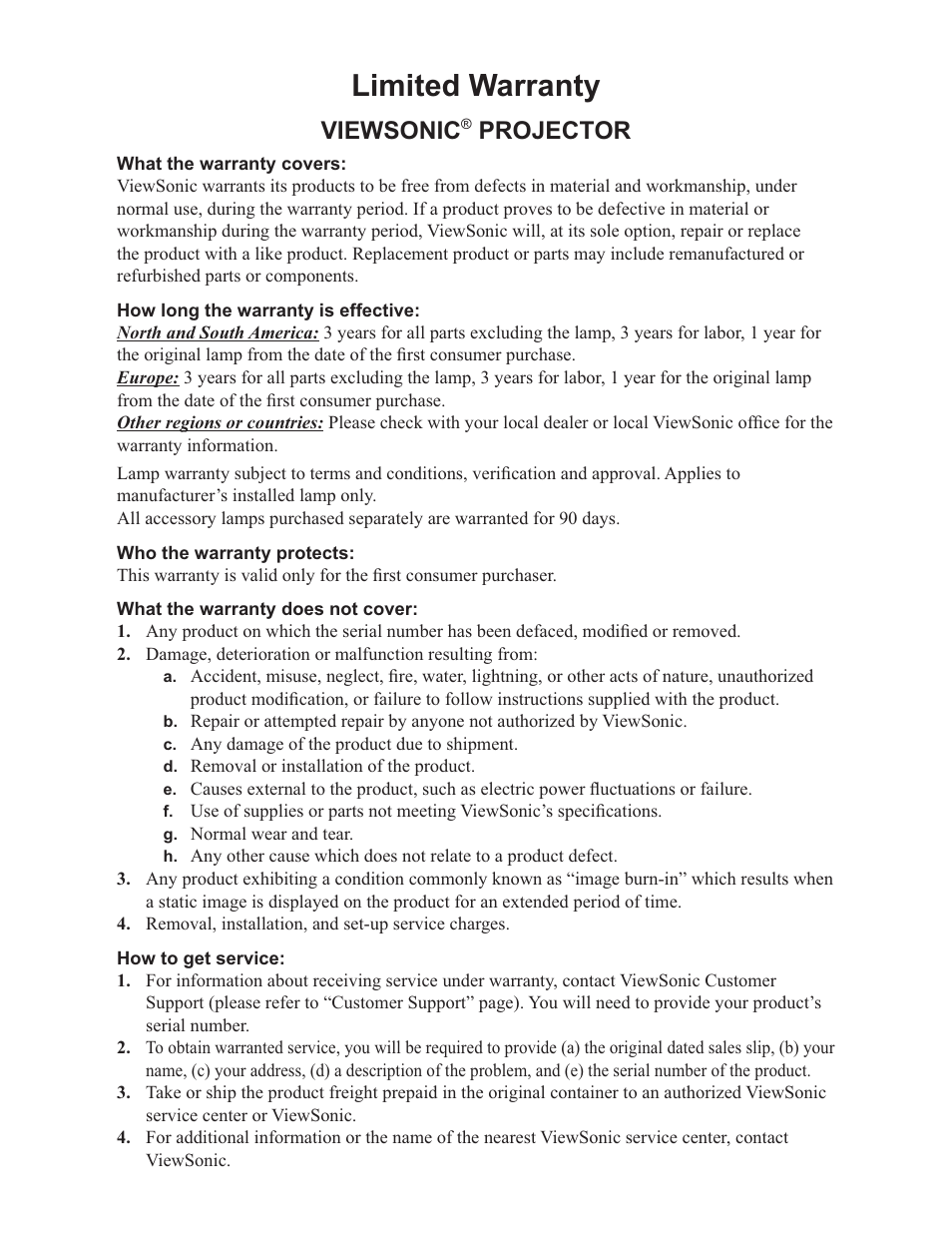 Limited warranty, Viewsonic, Projector | VIEWSONIC VS11986 User Manual | Page 51 / 55
