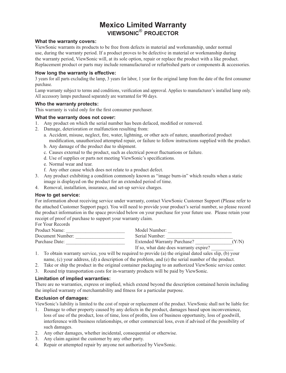 Mexico limited warranty | VIEWSONIC VS11986 User Manual | Page 53 / 55