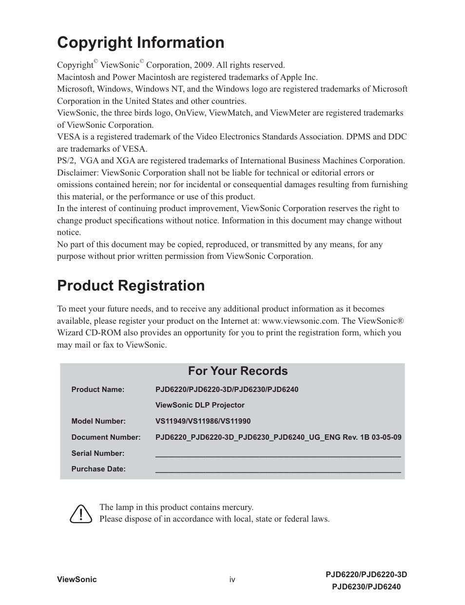 Copyright information, Product registration, For your records | VIEWSONIC VS11986 User Manual | Page 7 / 55