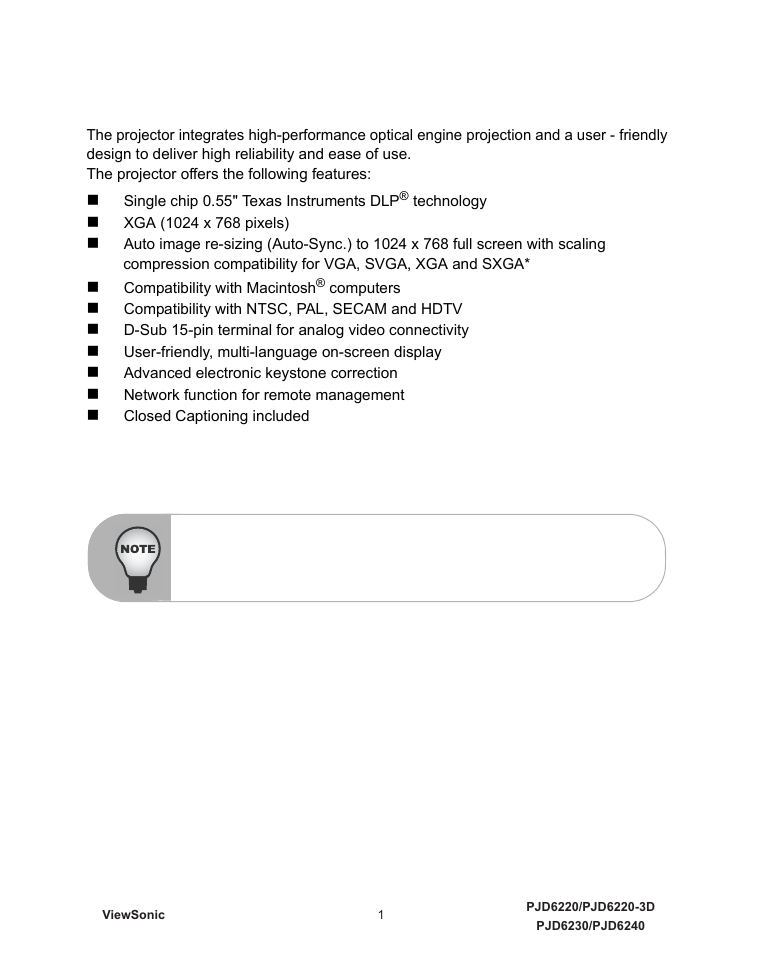 Introduction, Projector features | VIEWSONIC VS11986 User Manual | Page 8 / 55