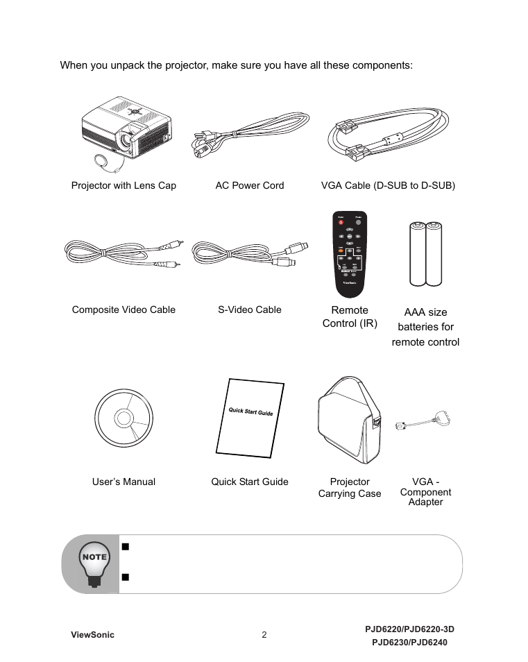 Package contents, Projector with lens cap, Ac power cord | Vga cable (d-sub to d-sub), Quick start guide, Vga - component adapter | VIEWSONIC VS11986 User Manual | Page 9 / 55