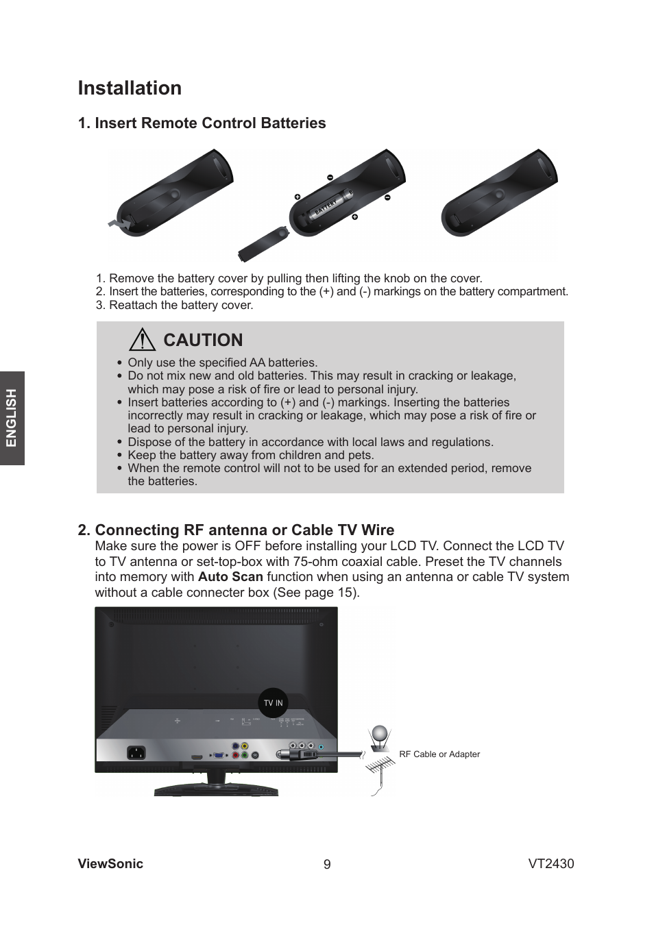 Installation, Caution, Connecting rf antenna or cable tv wire | Insert remote control batteries | VIEWSONIC VS12464-1G User Manual | Page 11 / 26