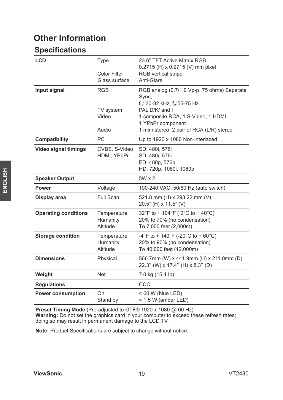 Other information, Specifications | VIEWSONIC VS12464-1G User Manual | Page 21 / 26