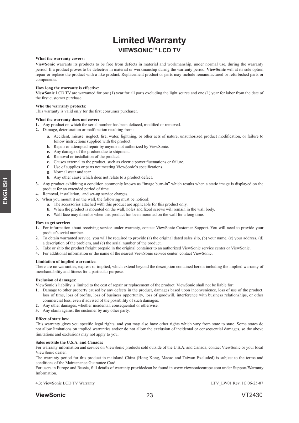 Limited warranty, Viewsonic, Lcd tv | VIEWSONIC VS12464-1G User Manual | Page 25 / 26