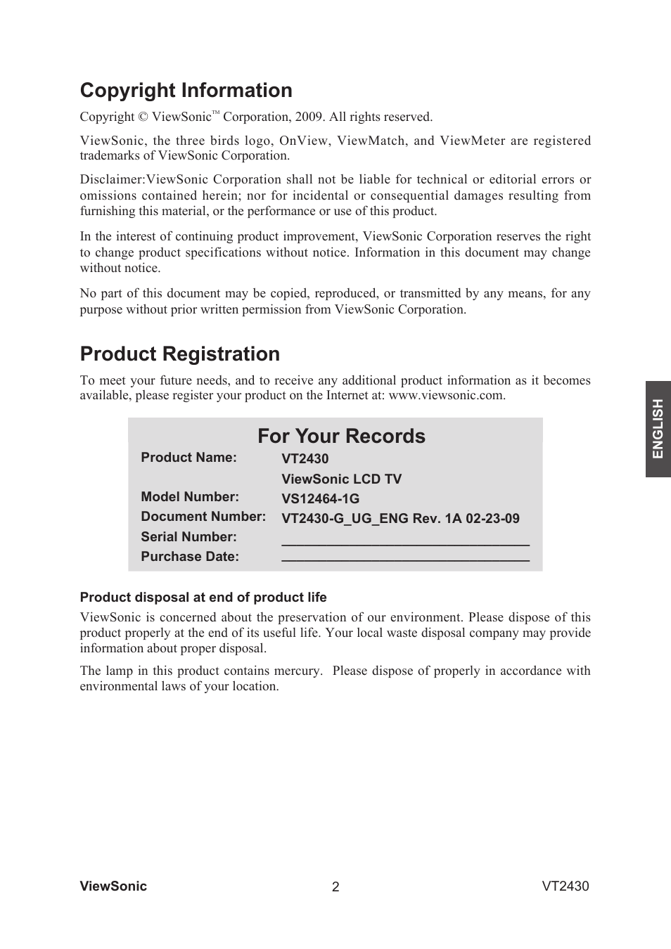 Copyright information, Product registration, For your records | VIEWSONIC VS12464-1G User Manual | Page 4 / 26