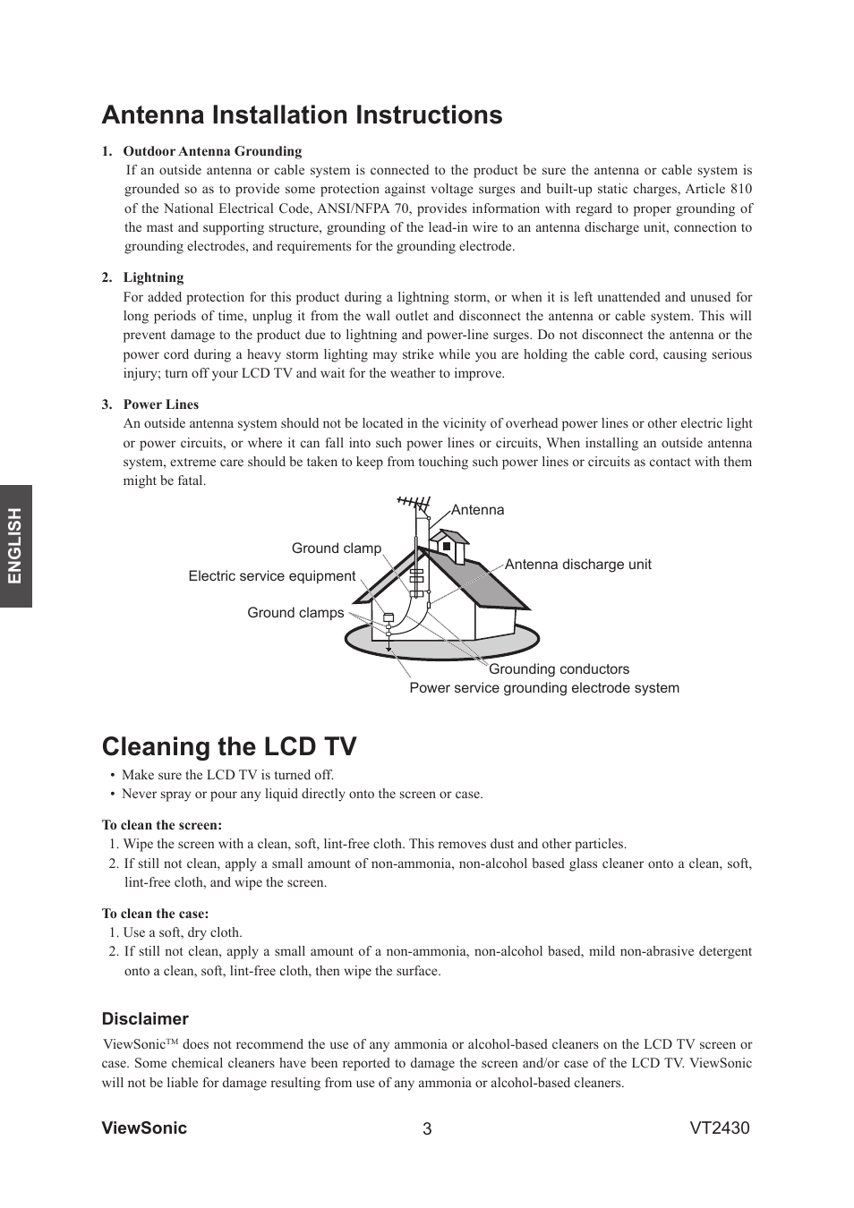 Antenna installation instructions, Cleaning the lcd tv | VIEWSONIC VS12464-1G User Manual | Page 5 / 26