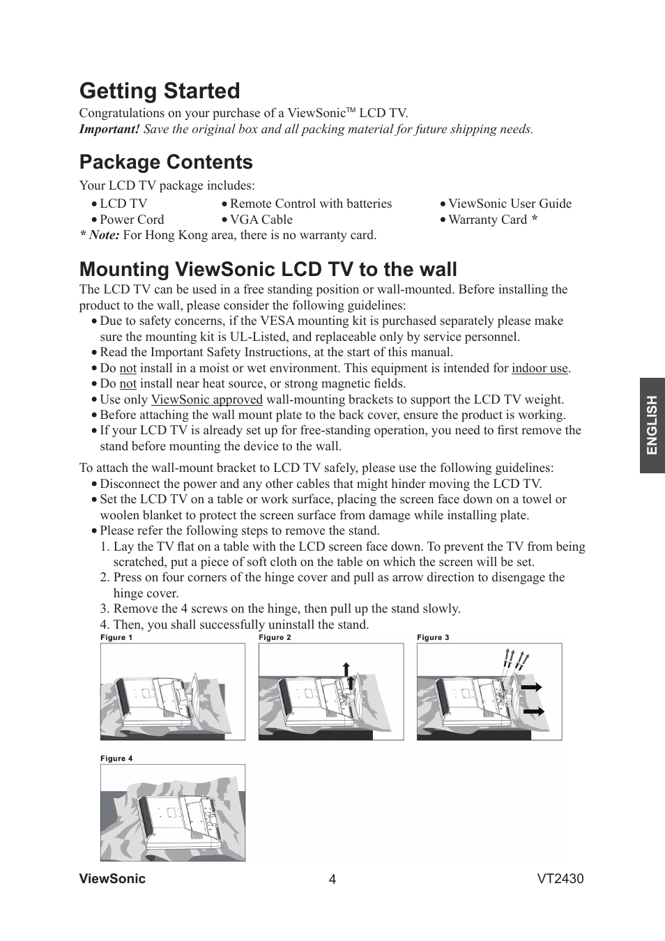 Getting started, Mounting viewsonic lcd tv to the wall, Package contents | VIEWSONIC VS12464-1G User Manual | Page 6 / 26
