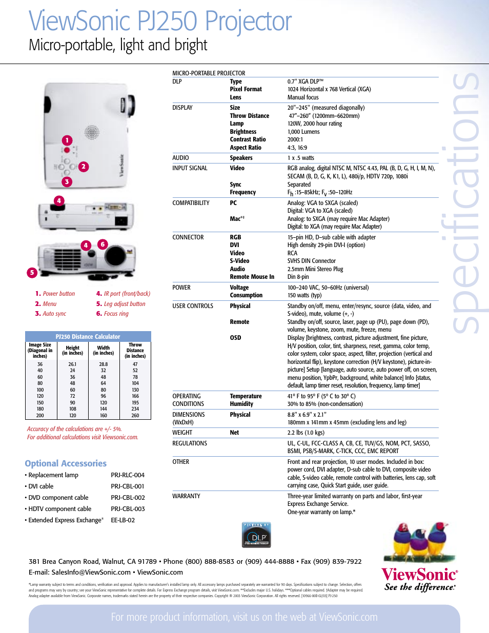 Specifications, Viewsonic pj250 projector, Micro-portable, light and bright | Optional accessories | VIEWSONIC PJ250 User Manual | Page 2 / 2