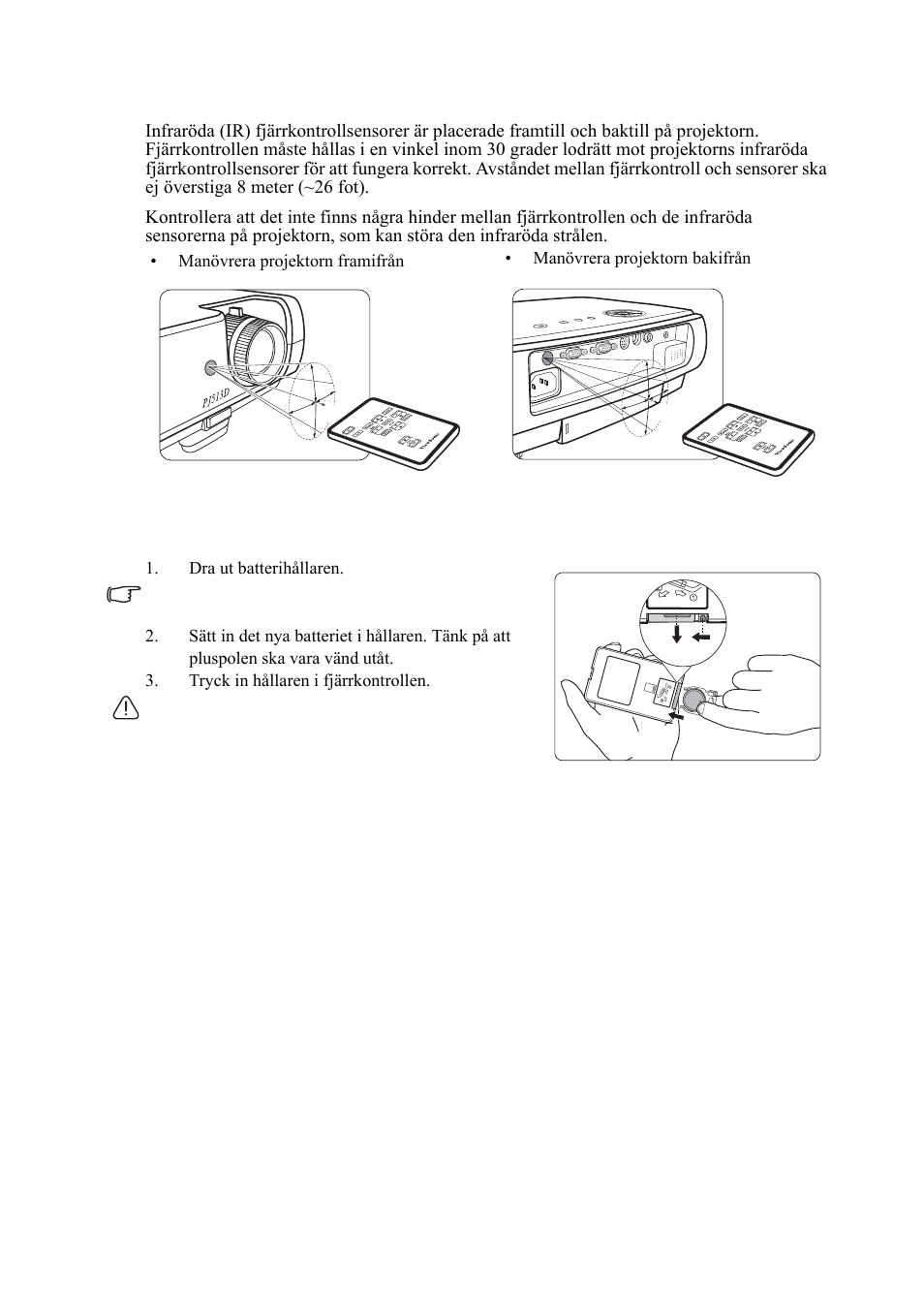 Fjärrkontrollens räckvidd, Byta batteri i fjärrkontrollen | VIEWSONIC VS11959 User Manual | Page 12 / 57