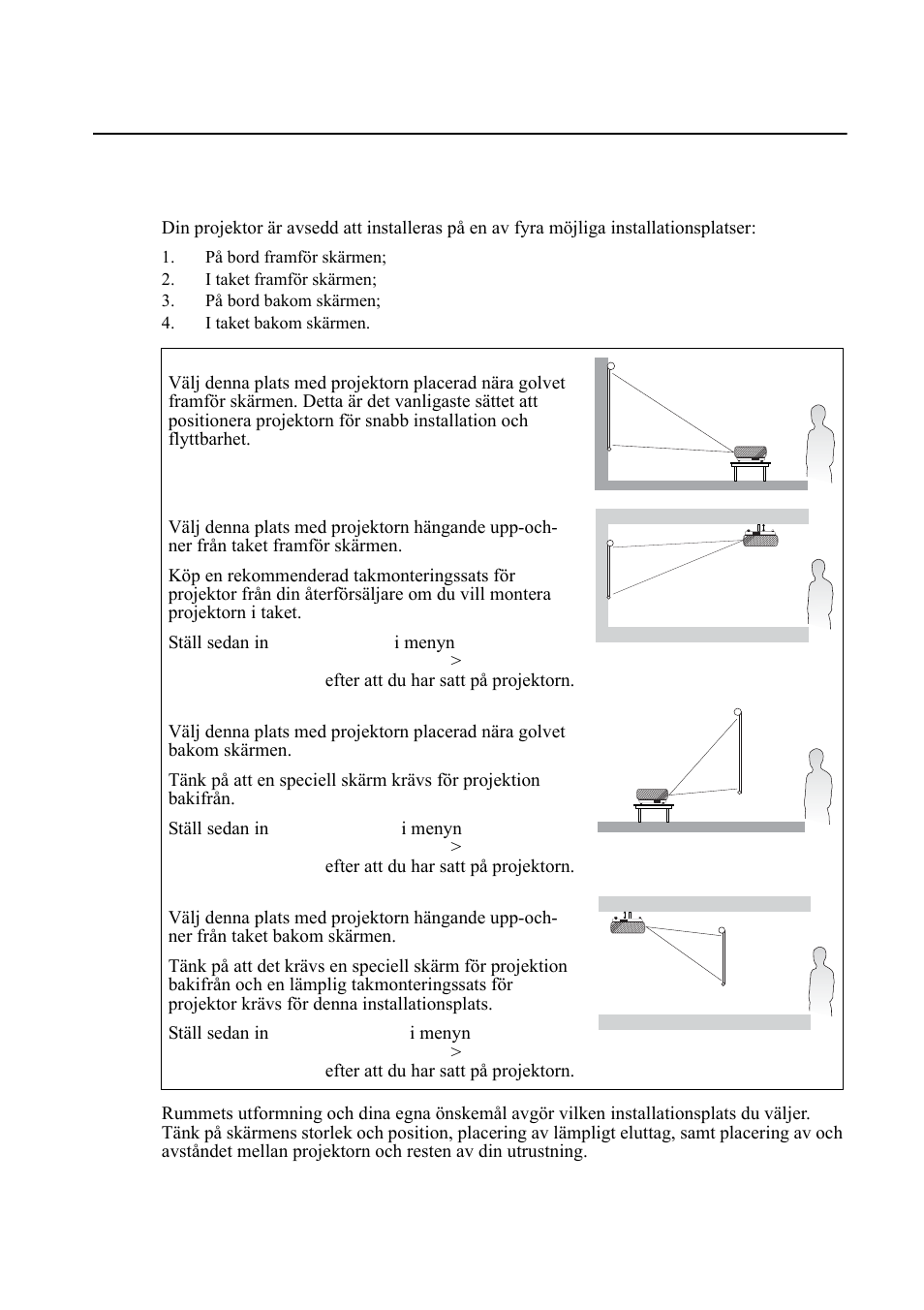 Positionera projektorn, Välja ut en plats | VIEWSONIC VS11959 User Manual | Page 13 / 57