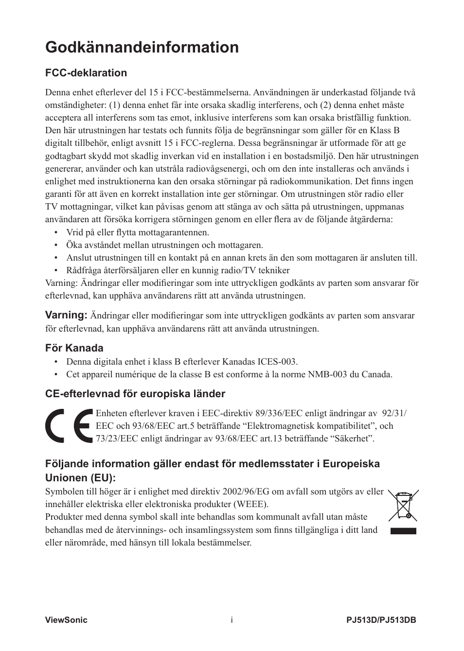 Godkännandeinformation | VIEWSONIC VS11959 User Manual | Page 2 / 57