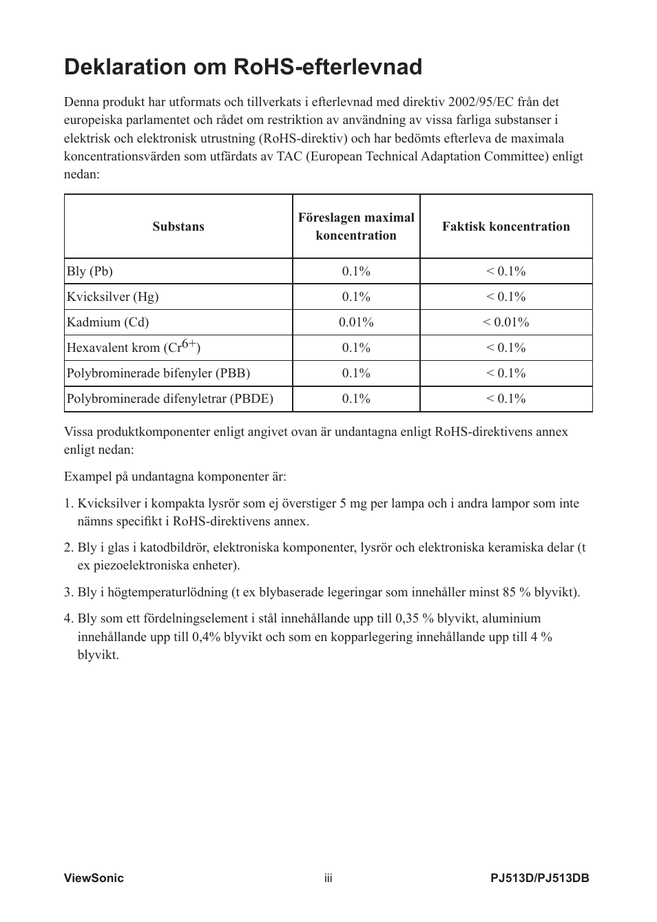 Deklaration om rohs-efterlevnad | VIEWSONIC VS11959 User Manual | Page 4 / 57