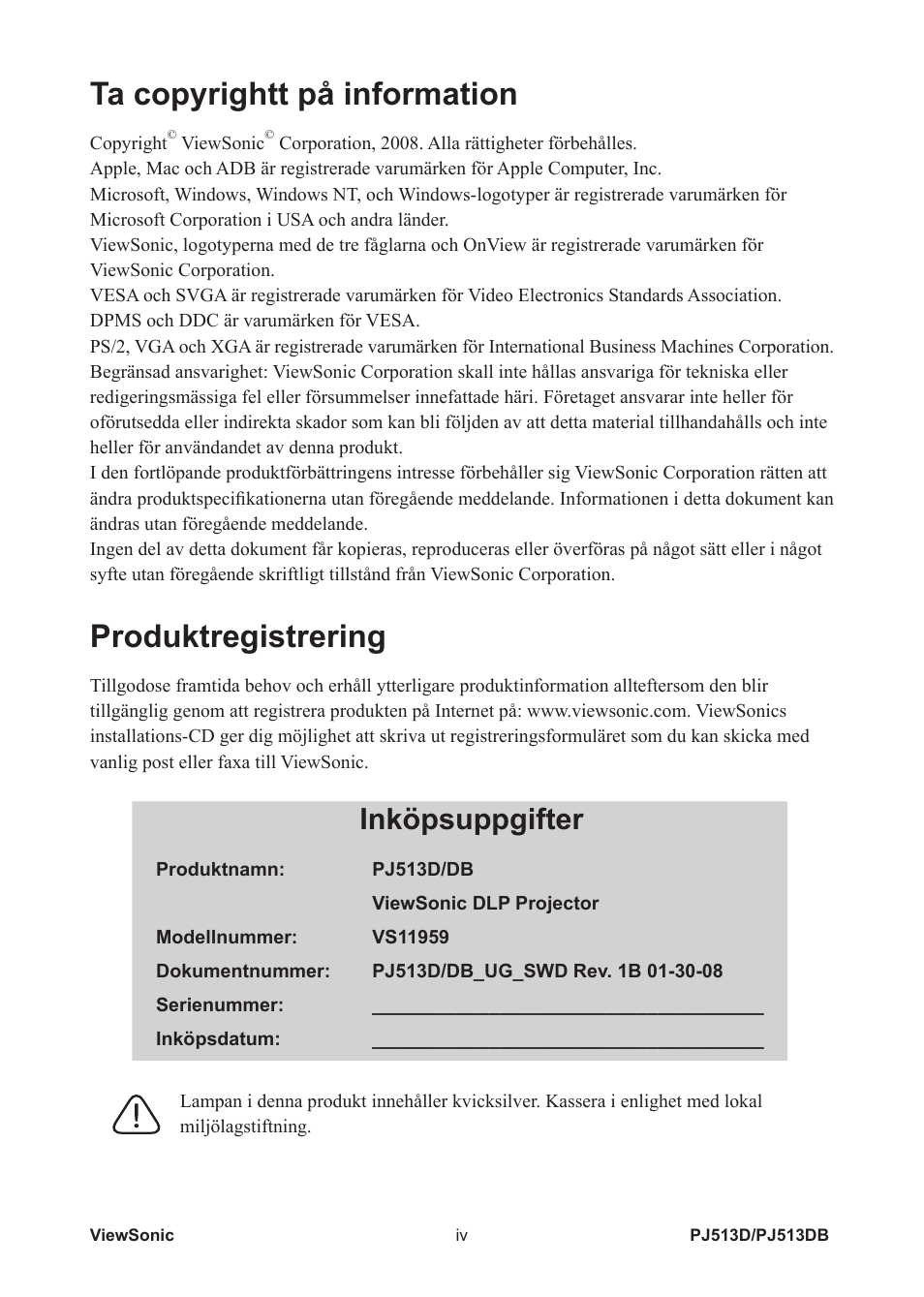 Ta copyrightt på information, Produktregistrering, Inköpsuppgifter | VIEWSONIC VS11959 User Manual | Page 5 / 57