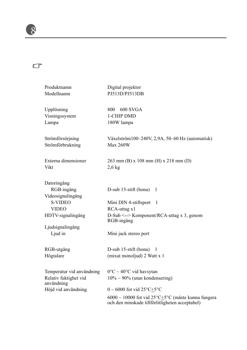Specifikation, Projektorspecifikation | VIEWSONIC VS11959 User Manual | Page 51 / 57