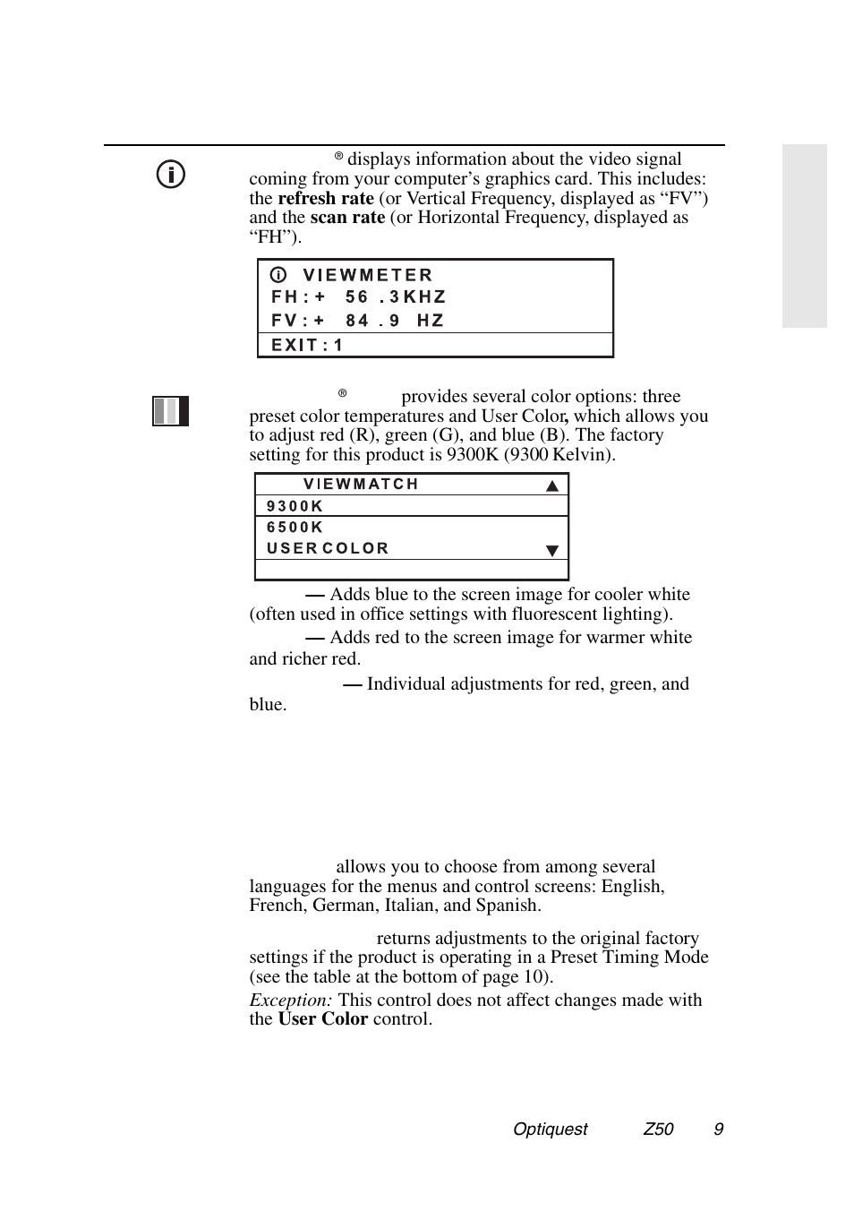 VIEWSONIC Optiquest Z50 User Manual | Page 10 / 18