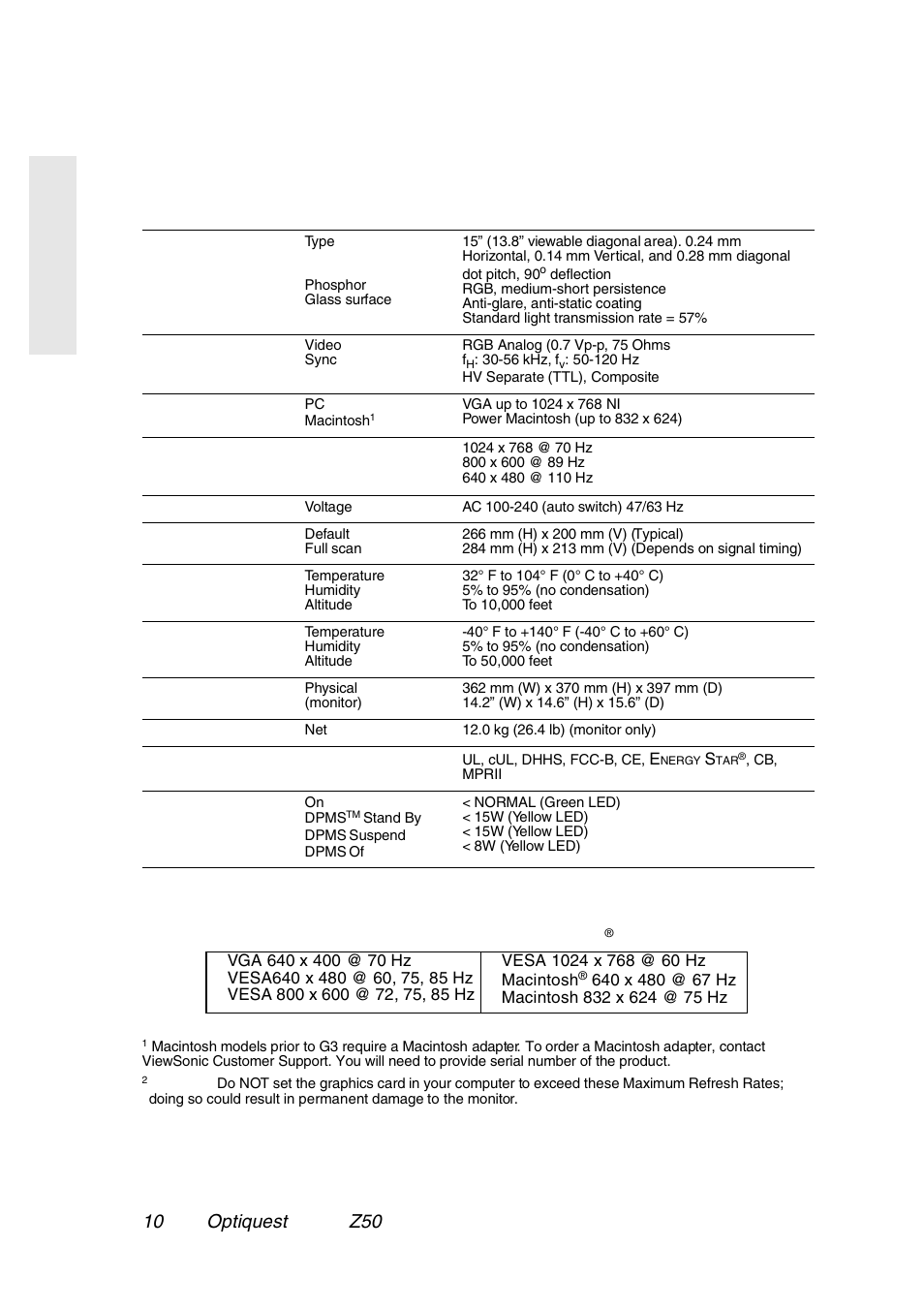 Other information, Specifications, Preset timing modes | VIEWSONIC Optiquest Z50 User Manual | Page 11 / 18