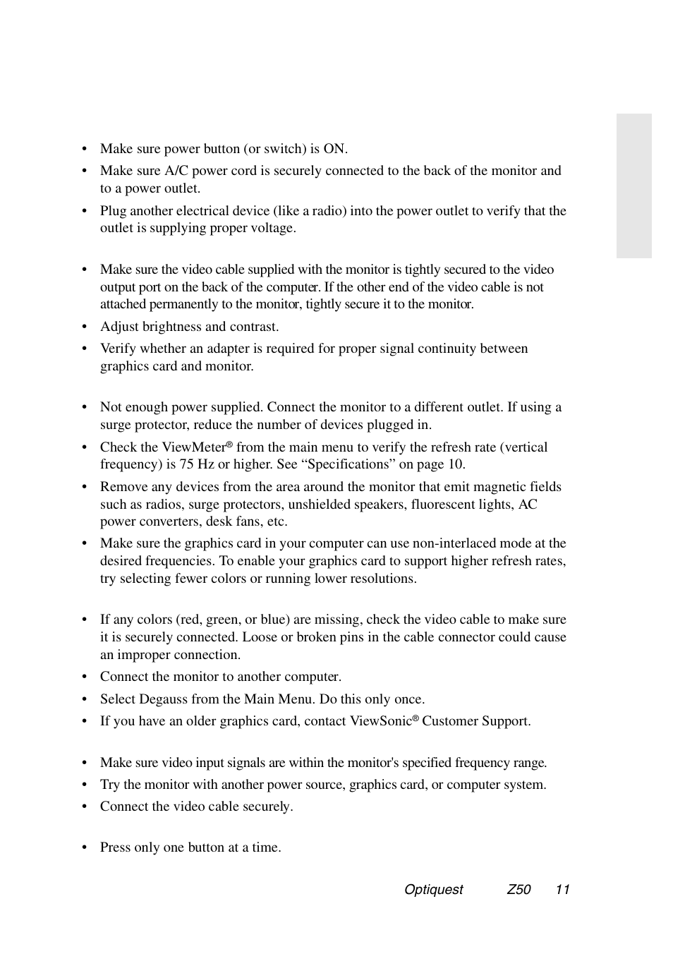 Troubleshooting | VIEWSONIC Optiquest Z50 User Manual | Page 12 / 18