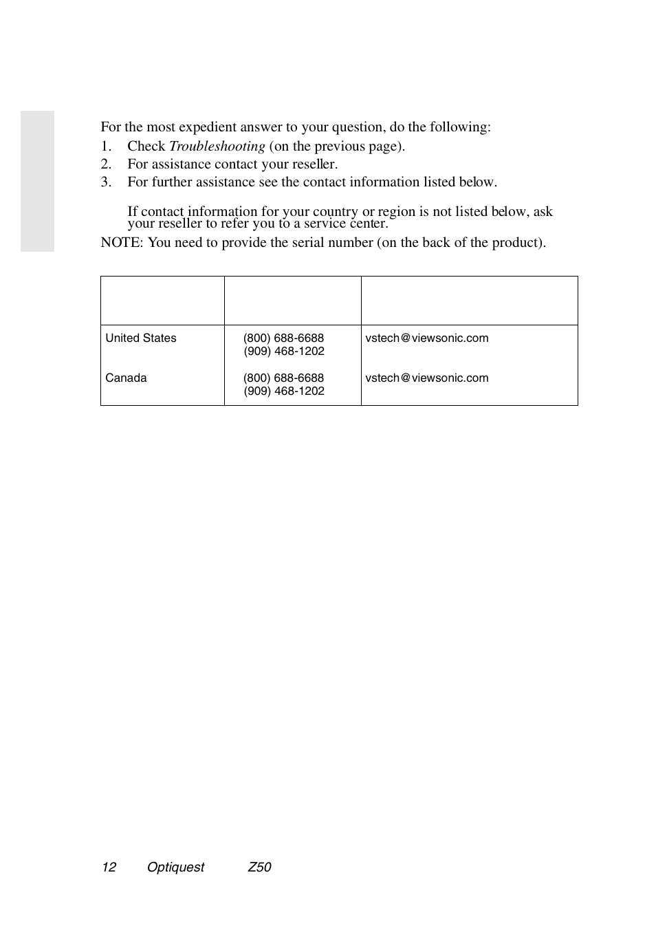 Customer support | VIEWSONIC Optiquest Z50 User Manual | Page 13 / 18