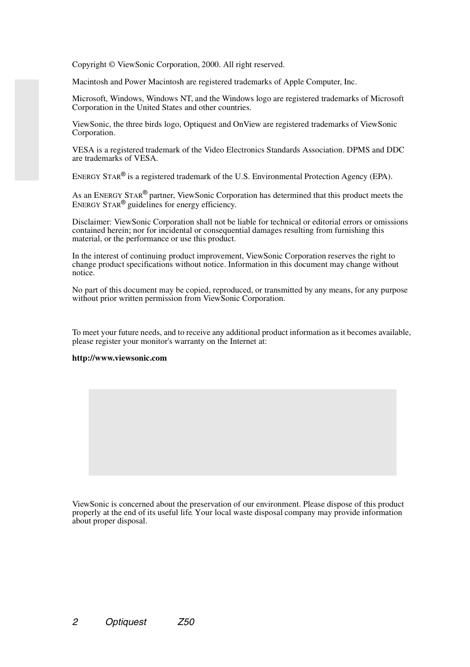 Electronic warranty registration | VIEWSONIC Optiquest Z50 User Manual | Page 3 / 18