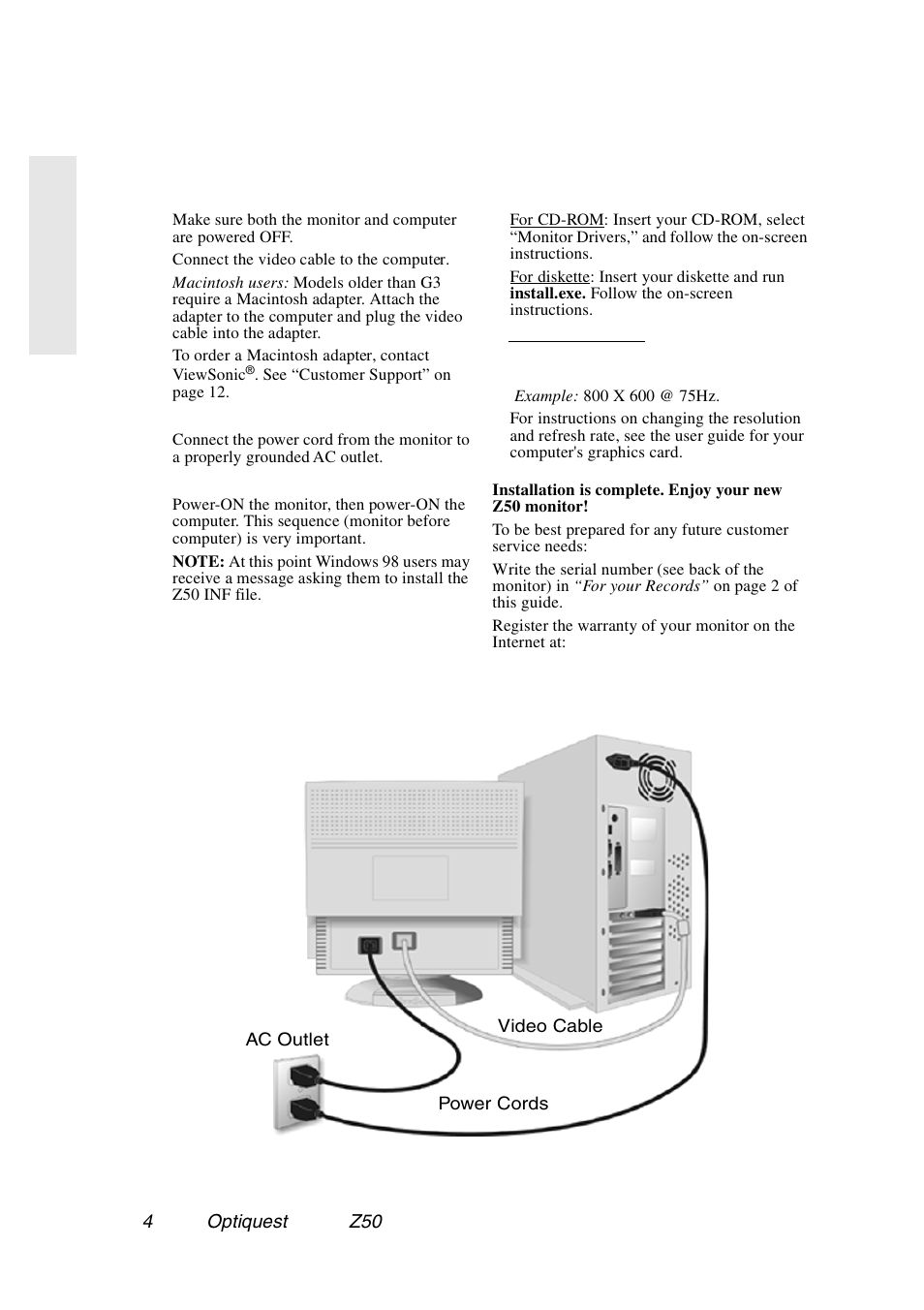 Quick installation | VIEWSONIC Optiquest Z50 User Manual | Page 5 / 18