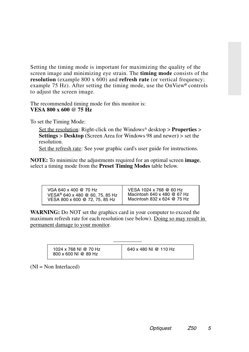 Using the monitor, Setting the timing mode | VIEWSONIC Optiquest Z50 User Manual | Page 6 / 18