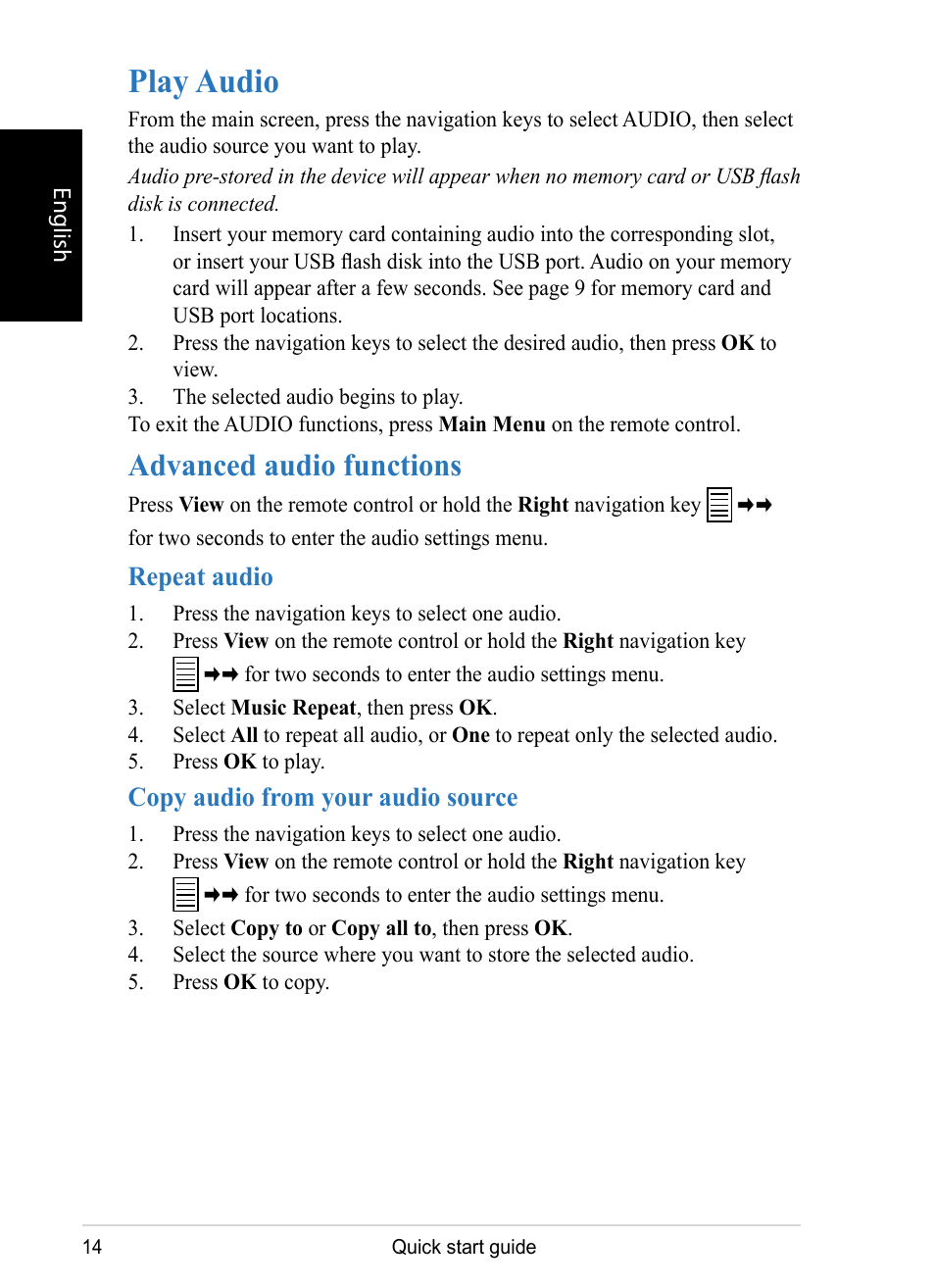 Play audio, Advanced audio functions | VIEWSONIC DPX1002 User Manual | Page 14 / 47